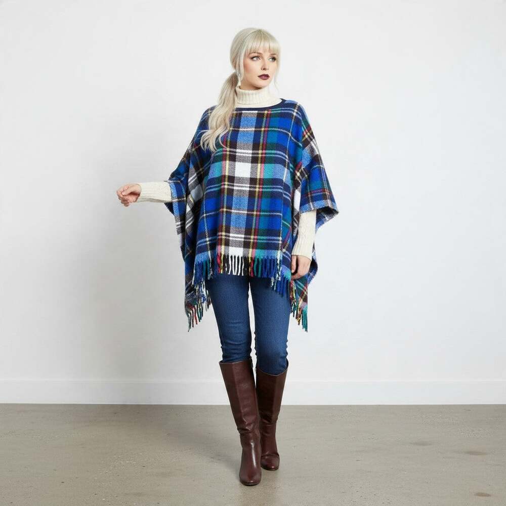 Vintage 70s Blue Tartan Plaid Poncho, Fringed Knit Cape